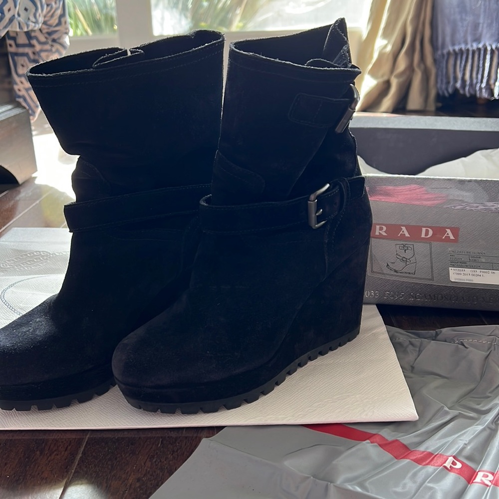 Prada Suede Leather Wedge Booties